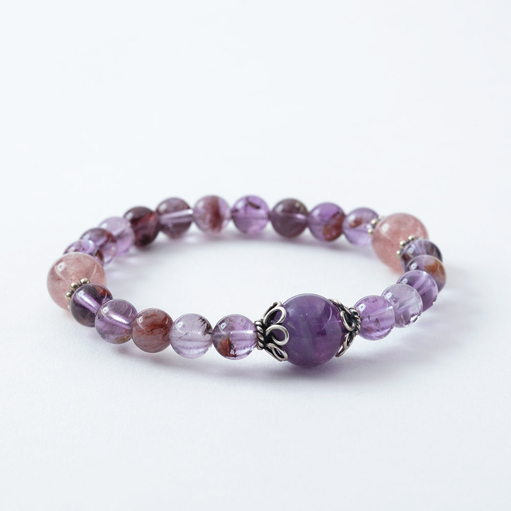 Super Seven and Strawberry Quartz Stretchy Mala Bracelet