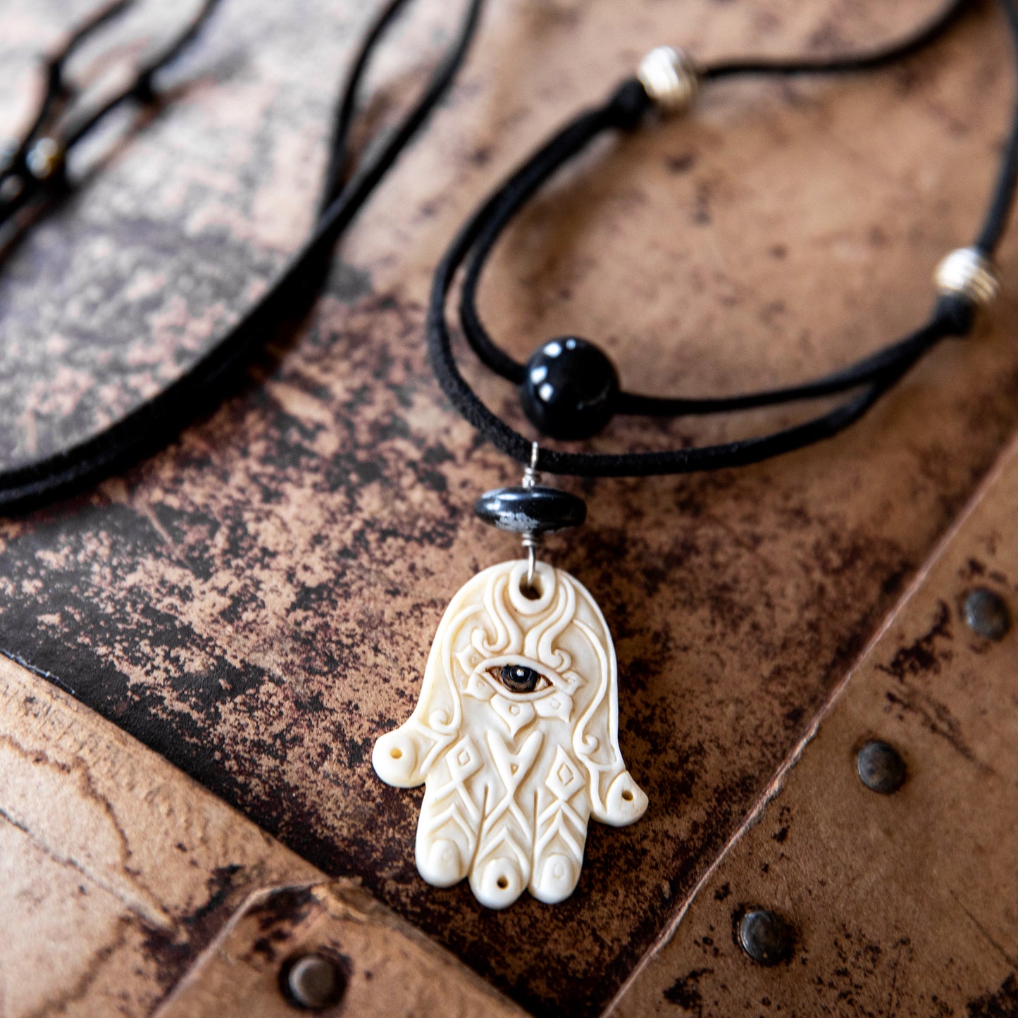 Carved Bone Hamsa Pendant Necklace