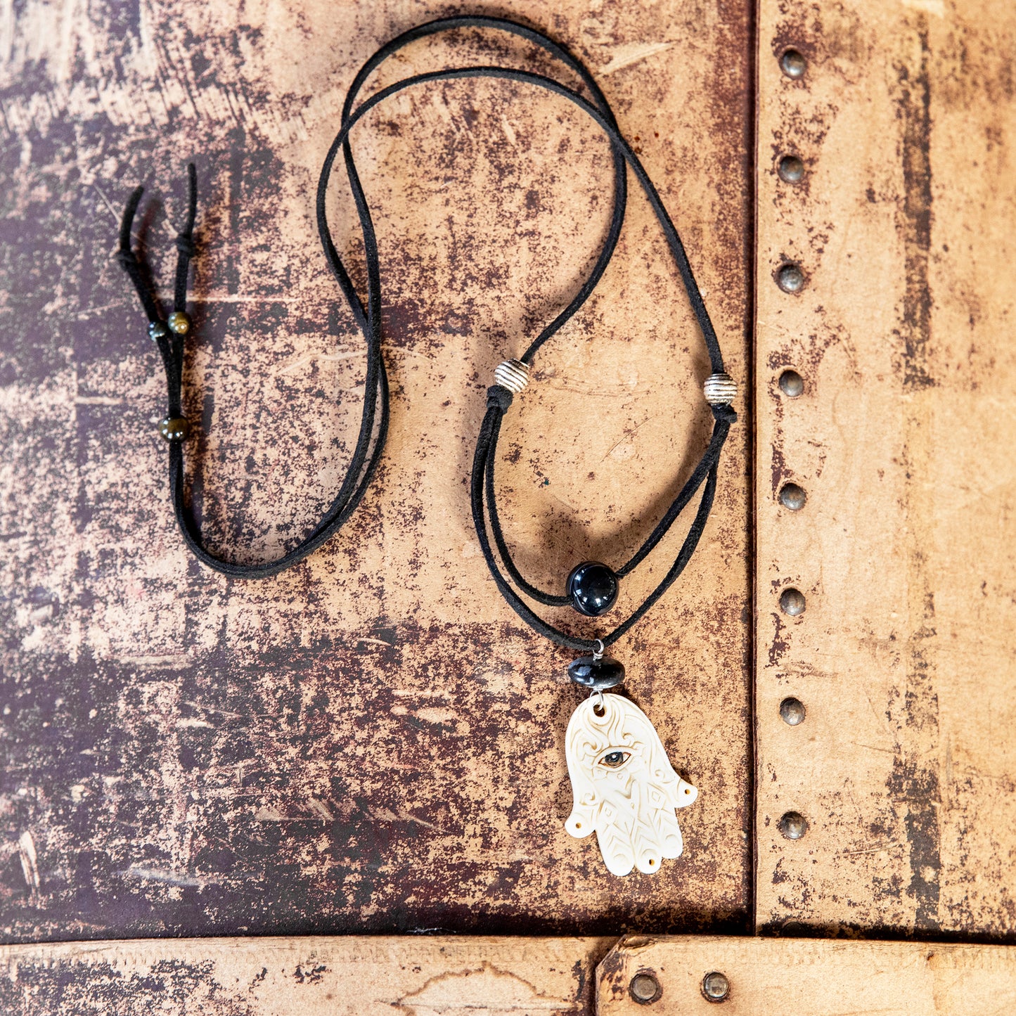 Carved Bone Hamsa Pendant Necklace