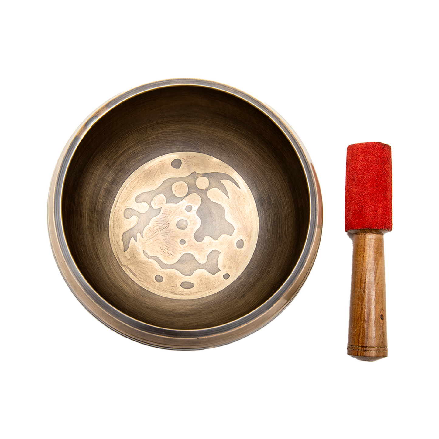 Inside view of the Full Moon Singing Bowl against a solid white backdrop. The mallet lays vertically beside it.