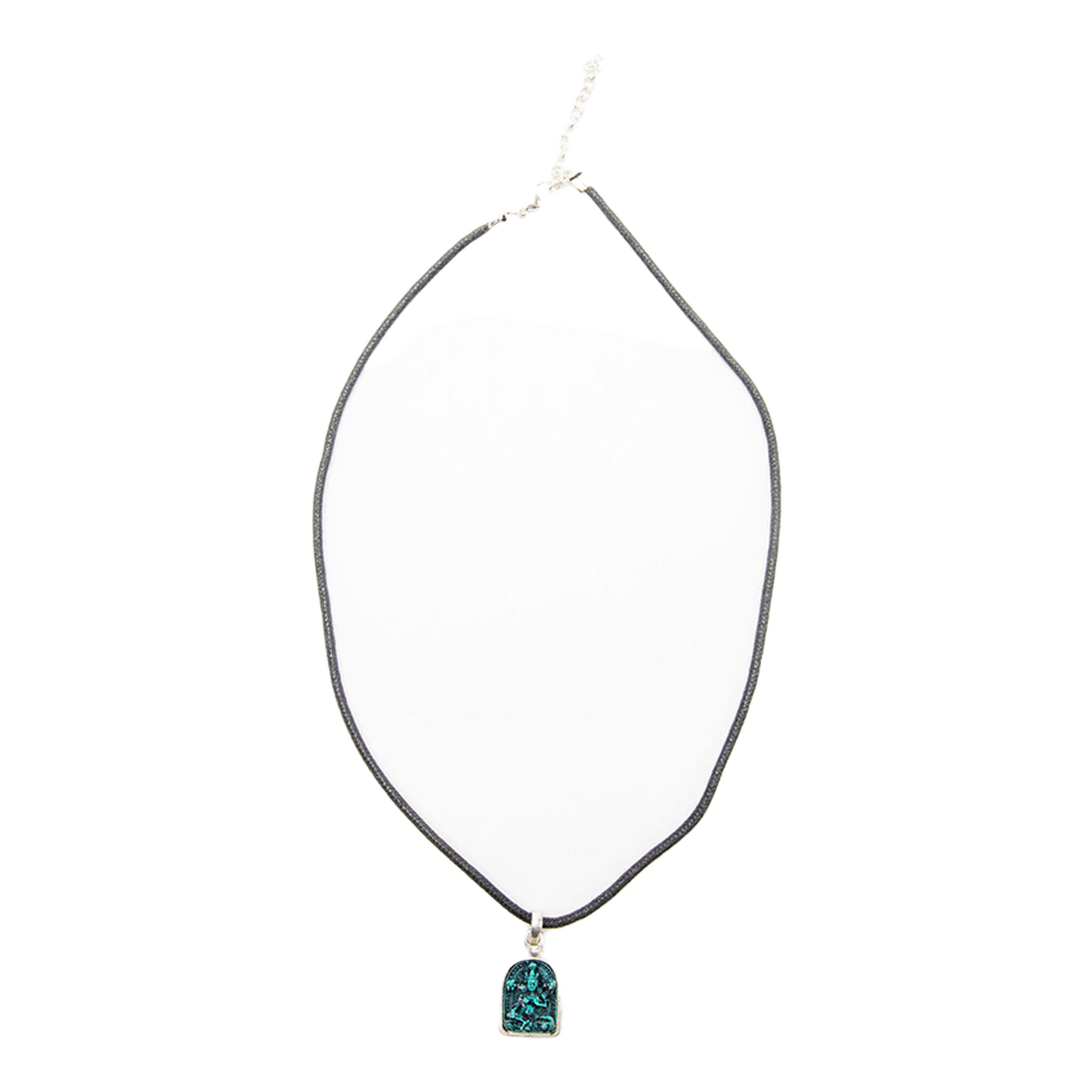 Green Tara Pendant on a solid white backdrop. The cord necklace and clasp are visible, making a circle above the pendant.