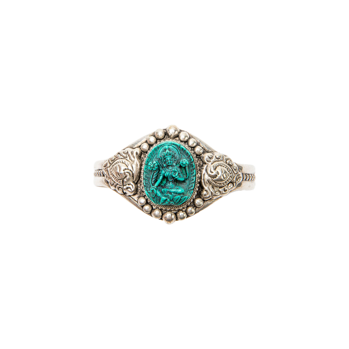 Front angle of Green Tara Cuff Bracelet on a white backdrop.