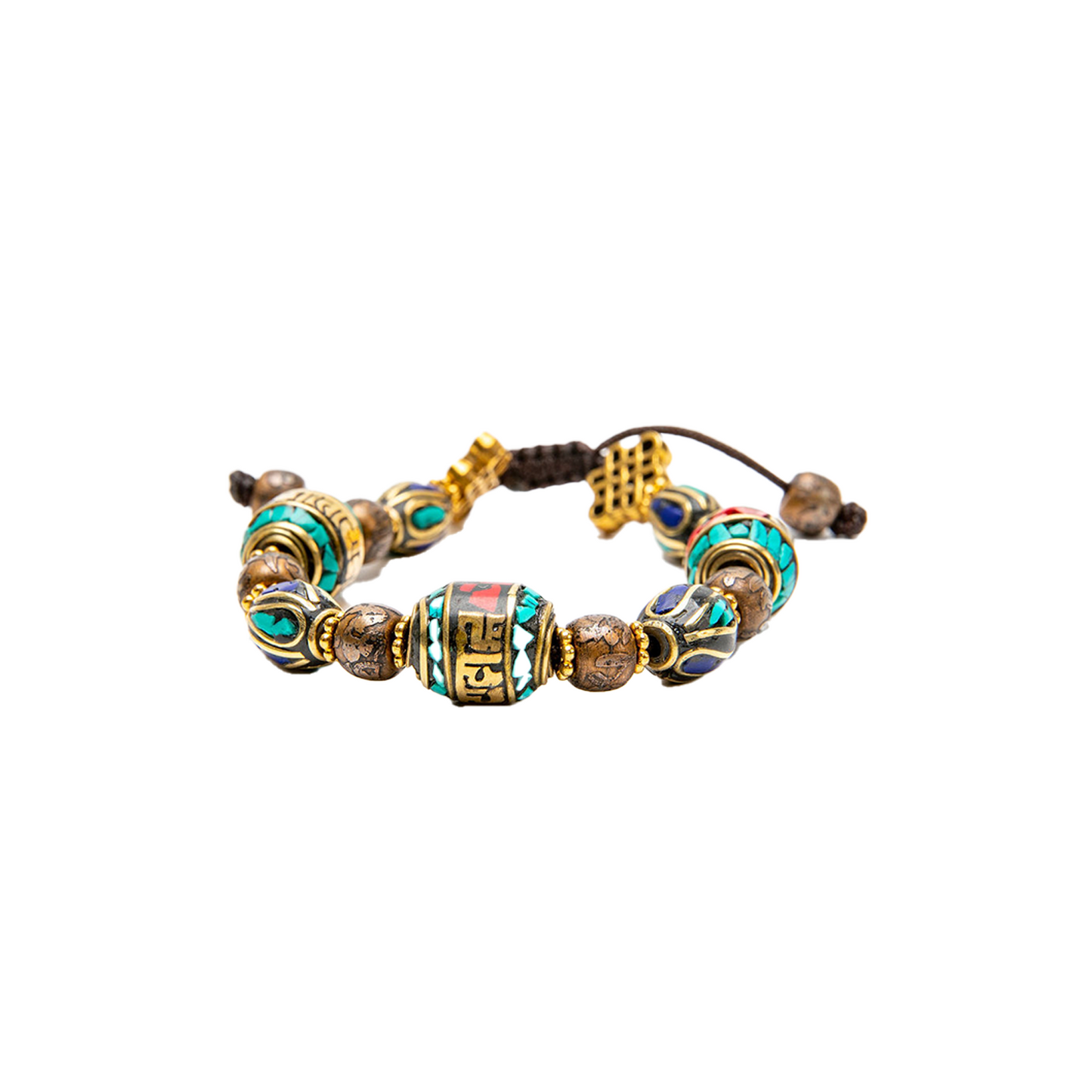 Detail image of Prayer Wheel Bracelet beads on a solid white backdrop.