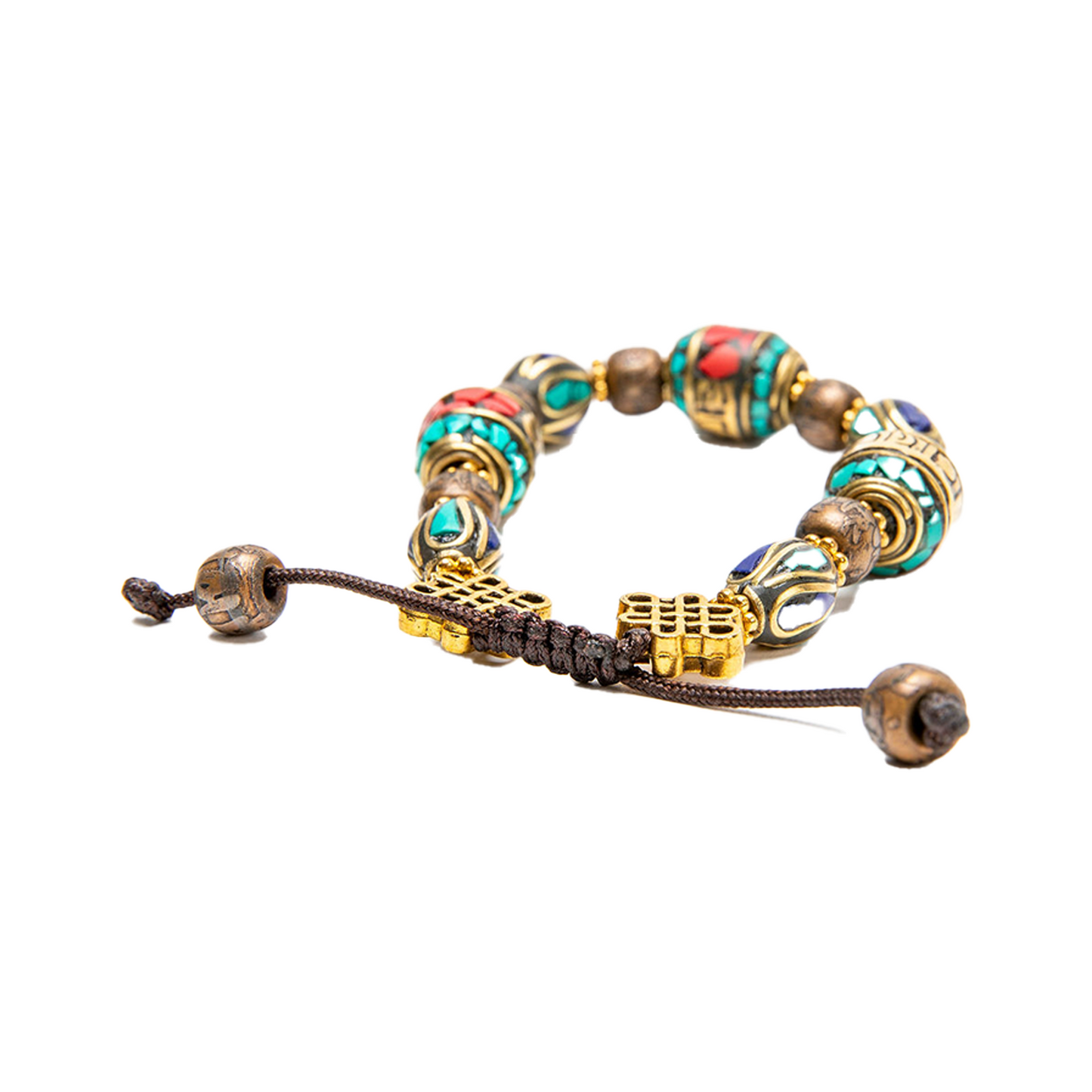 Detail image of adjustable cord fastener of Prayer Wheel Bracelet on a solid white backdrop.