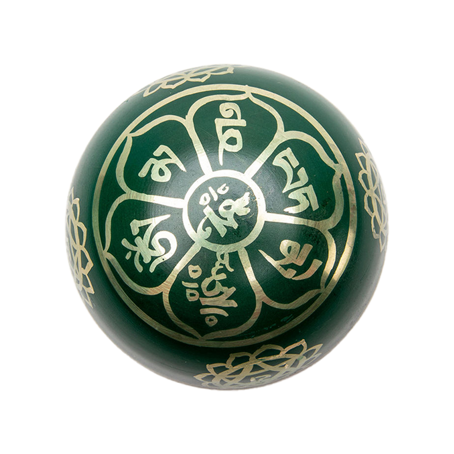 Underside view of the green chakra (heart chakra) bowl on a white backdrop.