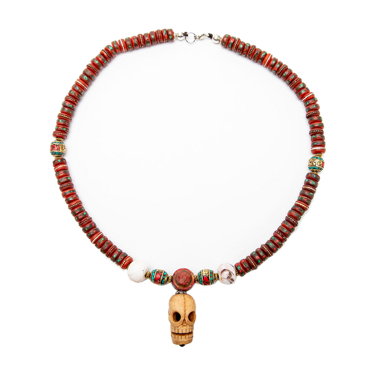 The Yak Bone Necklace with Skull Pendant rests on a solid white backdrop. It is laid flat to form a perfect oval.