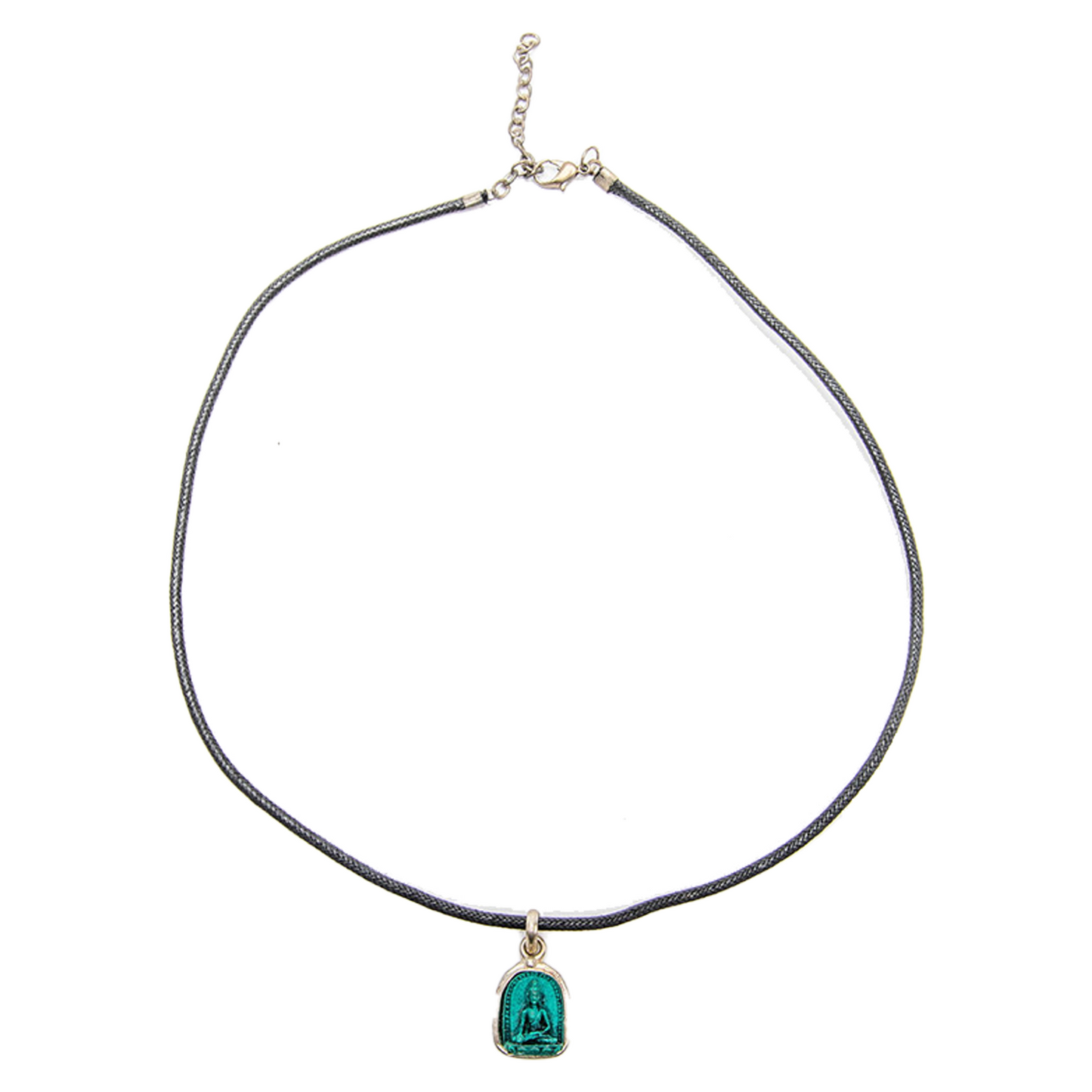 Shakyamuni Pendant on a solid white backdrop. The cord necklace and clasp are visible, making a perfect circle above the pendant.