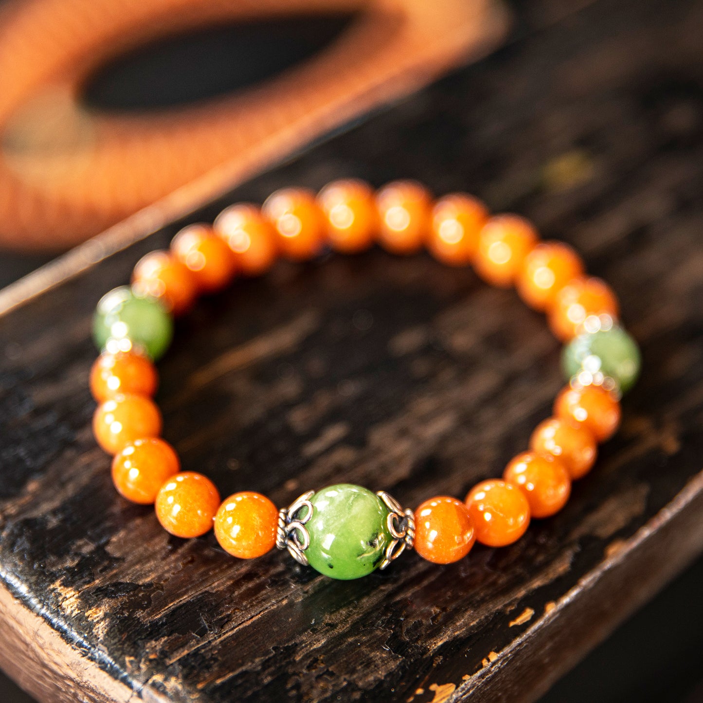 Stretchy Wrist Orange Aventurine with Burmese Jade Mala