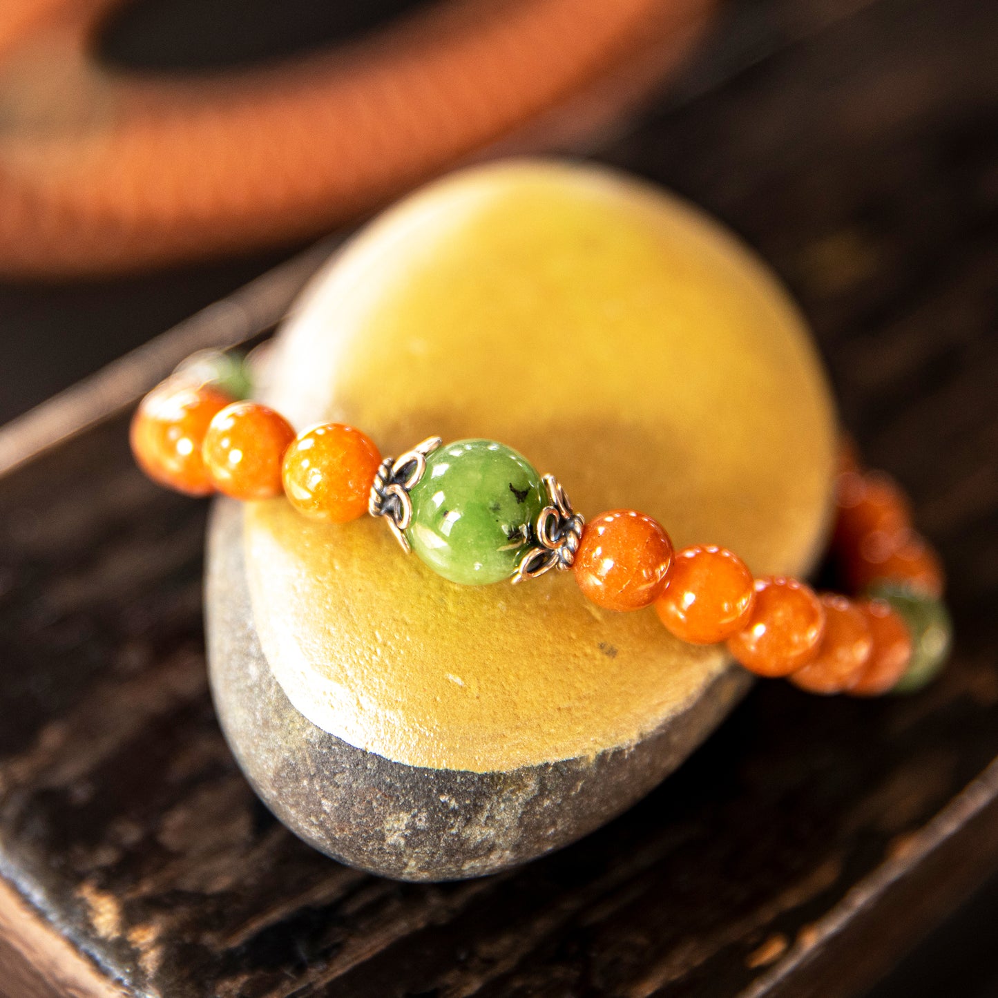 Stretchy Wrist Orange Aventurine with Burmese Jade Mala