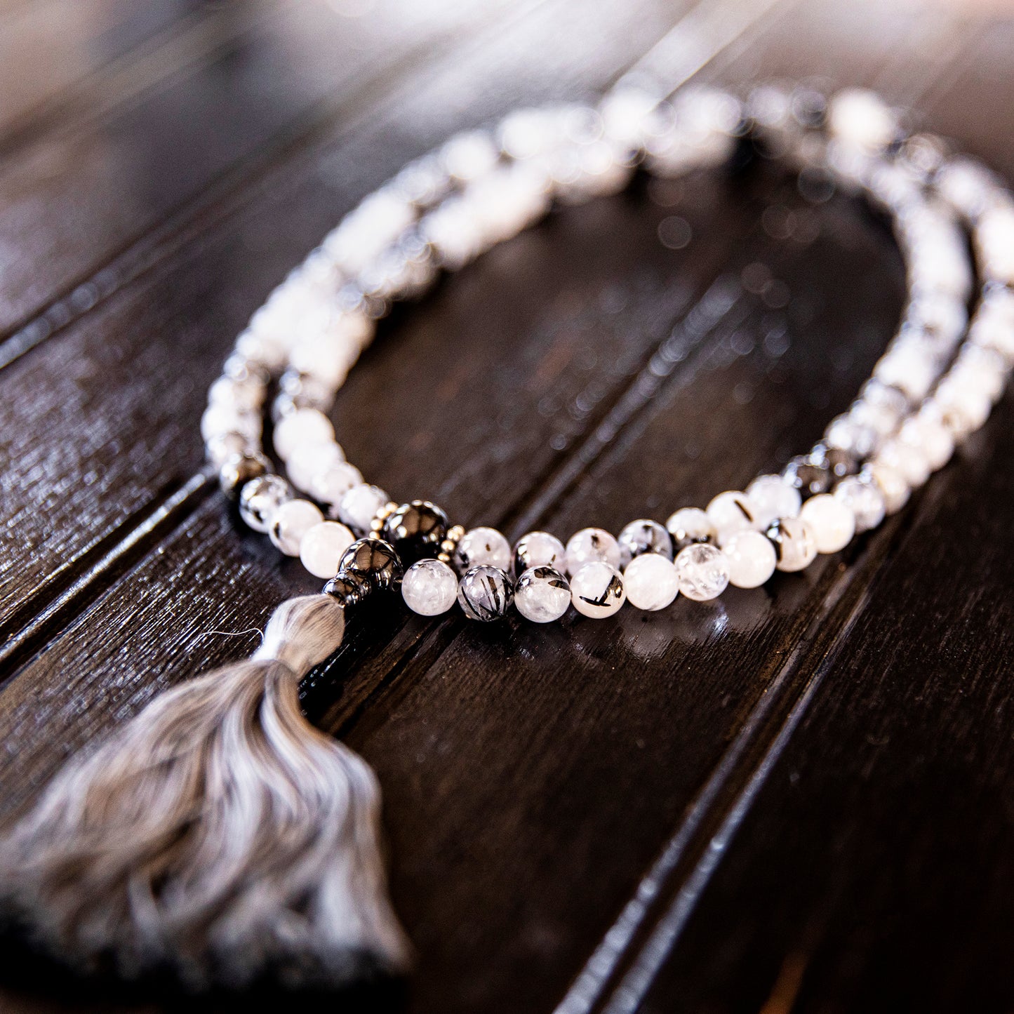 Tourmalated Quartz with Black Onyx Mala