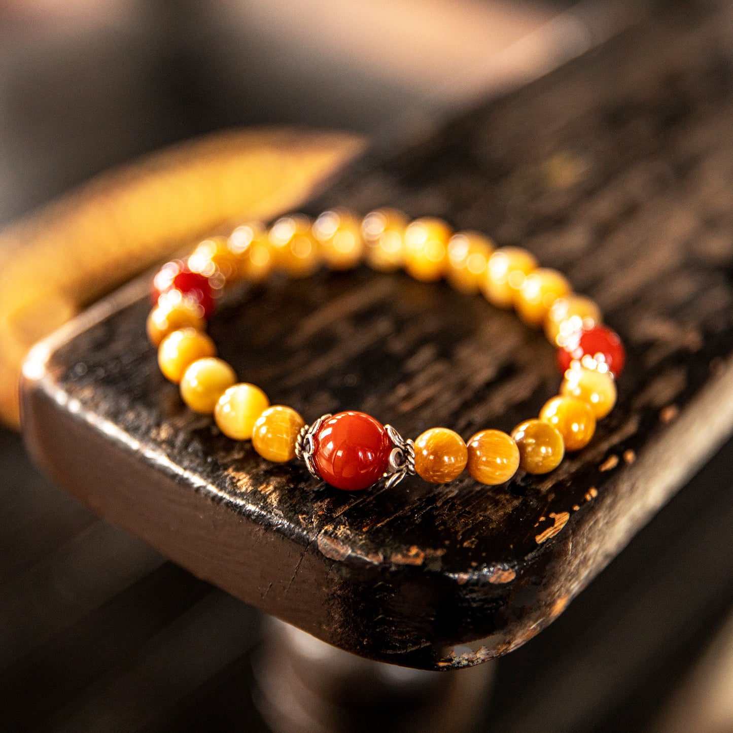 Stretchy Wrist Yellow Tiger Eye with Carnelian Mala