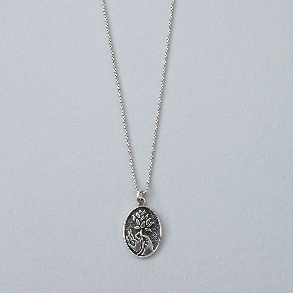 Silver Lotus Flower and Hand Necklace