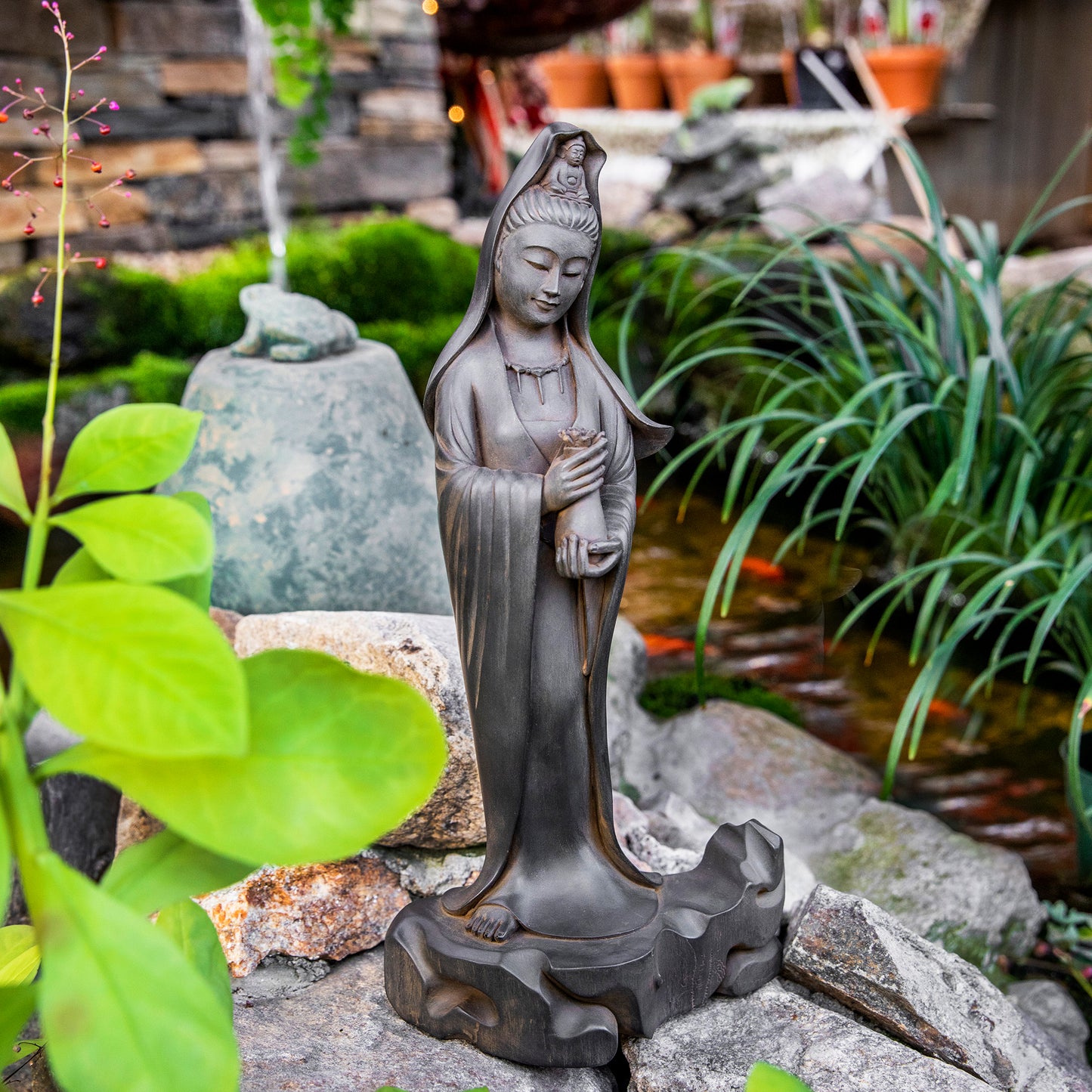 Kuan Yin with Vessel and Lotus Statue