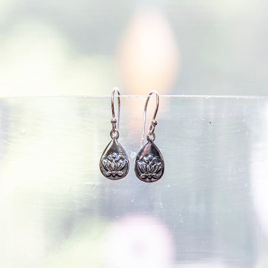 Silver Lotus Drop Earrings
