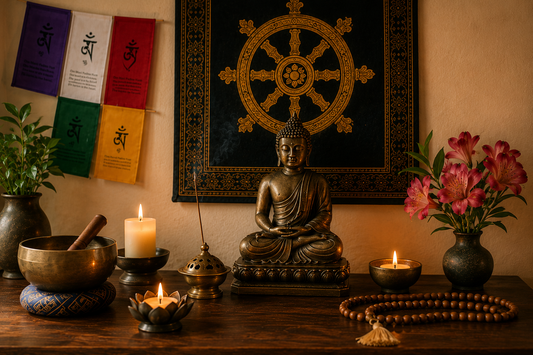 Altar with prayer flags, singing bowl, candles, incense, singing bowl, mala and flowers.