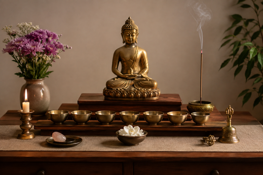 Buddha statue on an altar with incense, candles and flowers surrounding it.