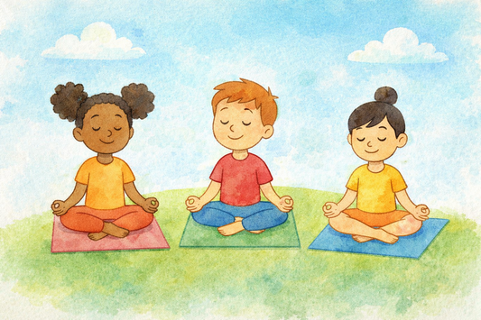 Three cartoon children meditating on yoga mats on a green hill with a blue sky.