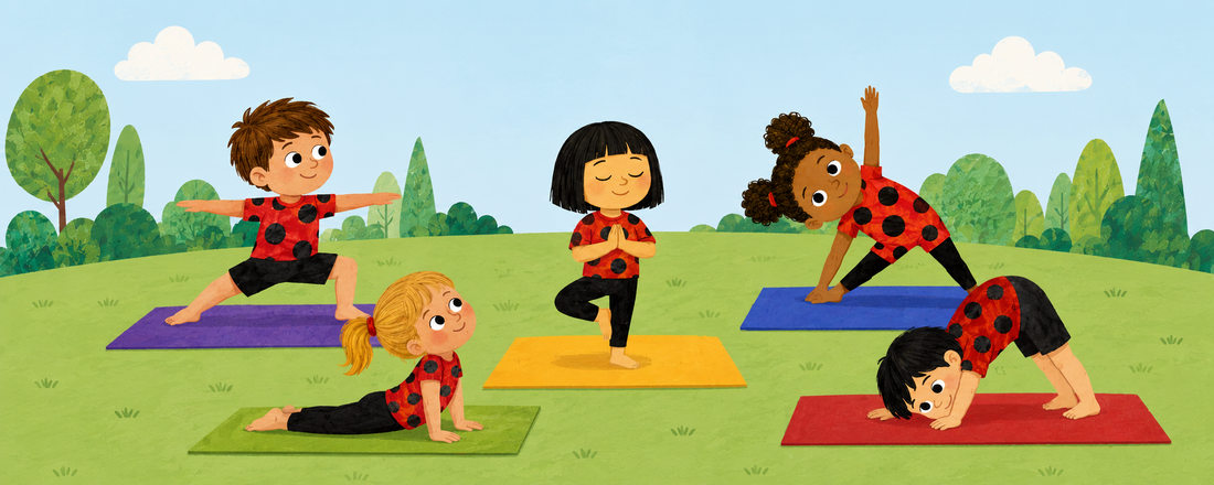 Cartoon characters of kids doing yoga poses in a green field with a blue sky.