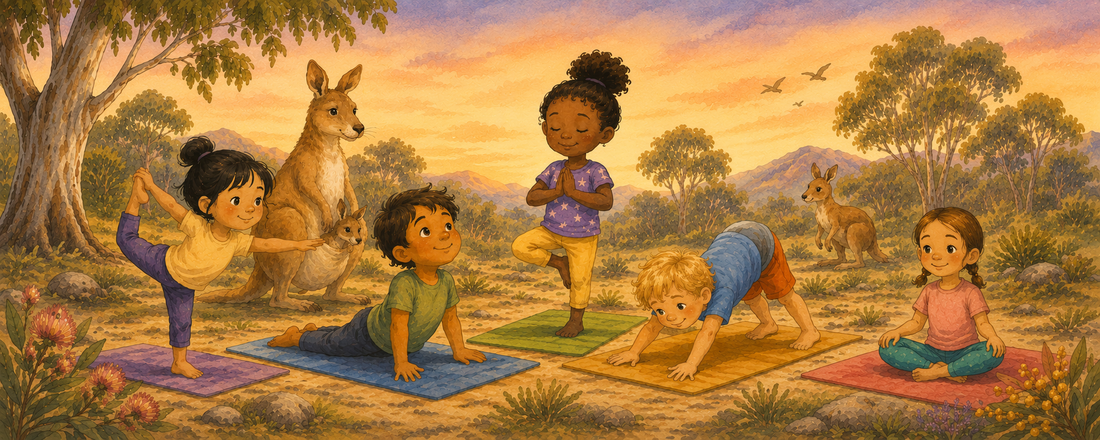 Cartoon images of children doing yoga in the outdoors with kangaroos in the background.