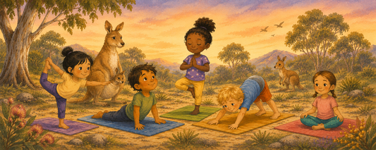 Cartoon images of children doing yoga in the outdoors with kangaroos in the background.