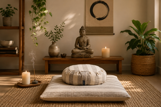 Sacred Space with zafu and zabuton, altar, buddhist statue, plants, candle and incense