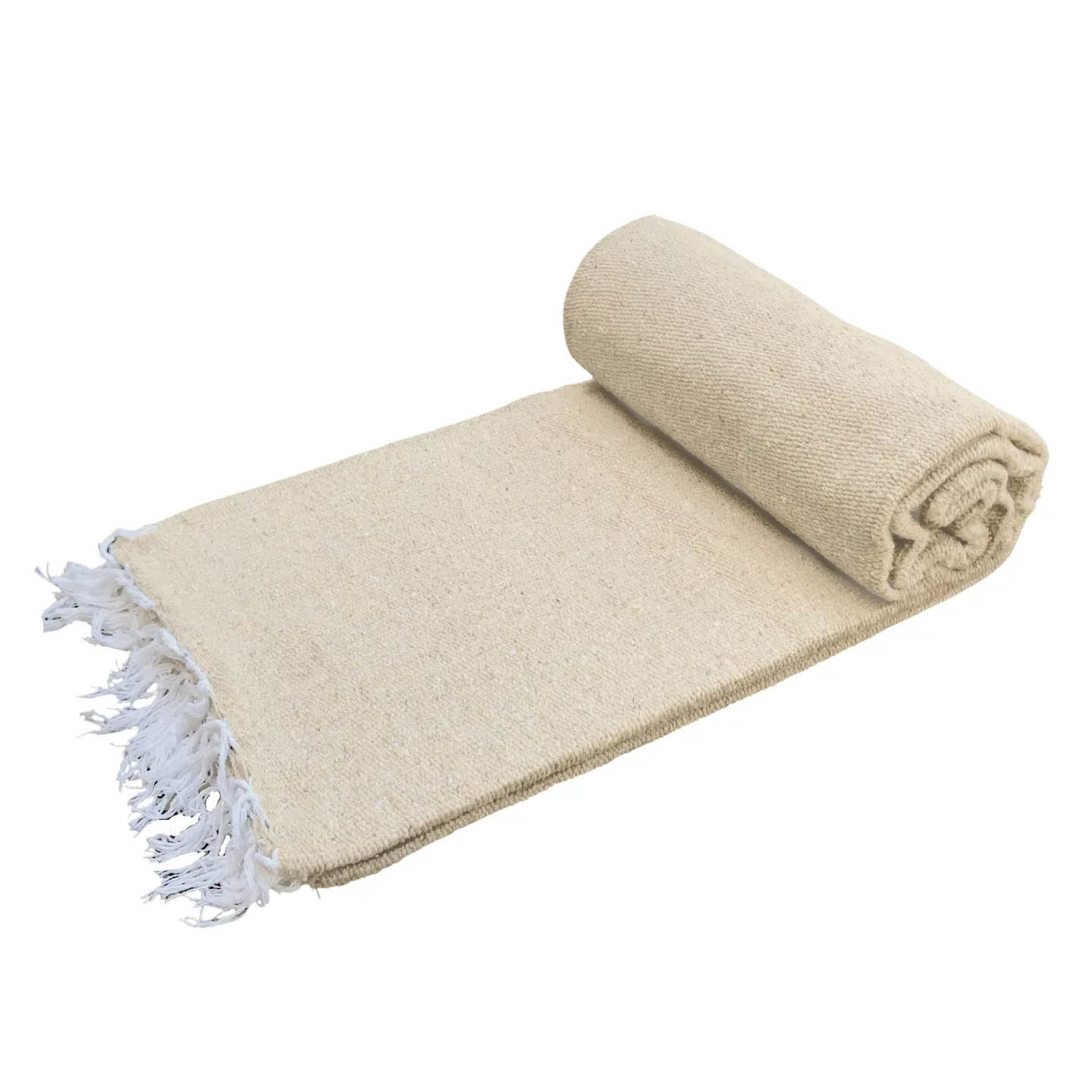 Rolled beige towel with white fringes on a white background