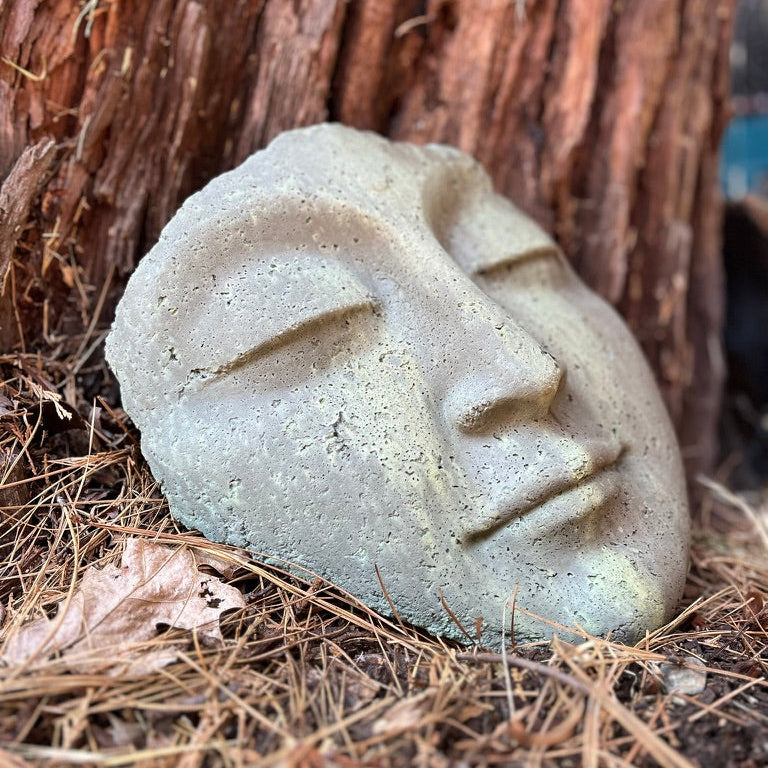 Concrete face sculpture on a bed of dry leaves with a tree trunk in the background