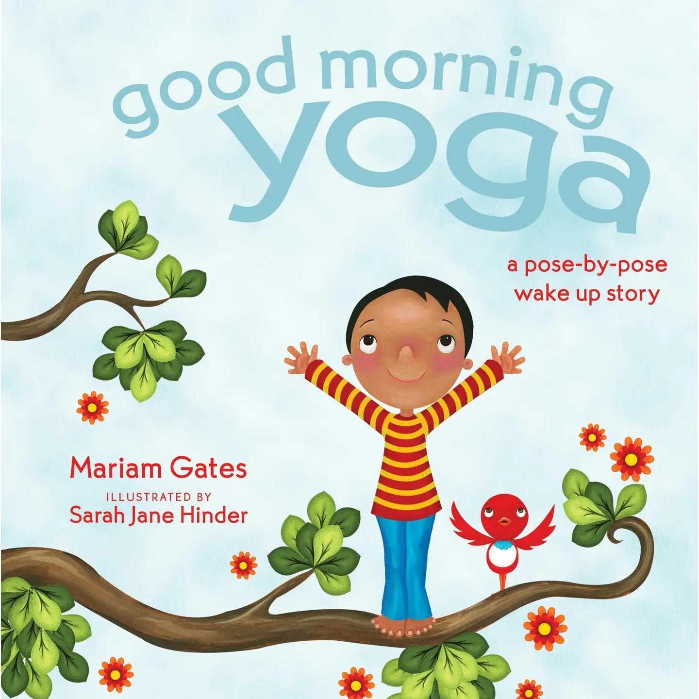 Book cover of 'Good Morning Yoga' with a child on a branch and text about yoga poses.