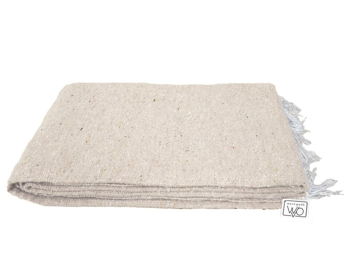 Beige woven blanket with tassels on a white background