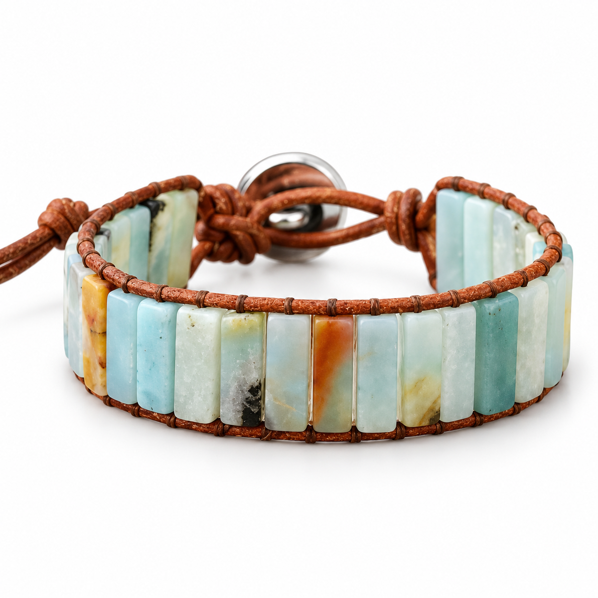 A handmade adjustable leather bracelet featuring vertical rectangular Amazonite beads in various light blue, green, and white natural patterns, secured with a silver metal sliding clasp on a white background.