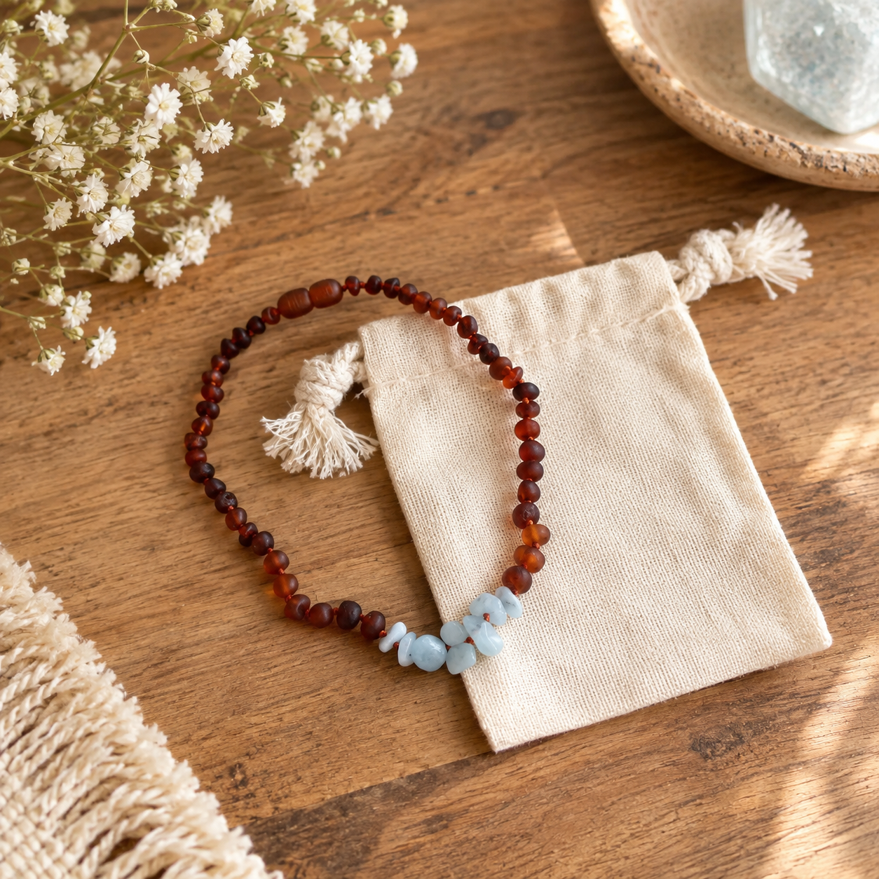 Raw Cognac Baltic Amber & Aquamarine Necklace