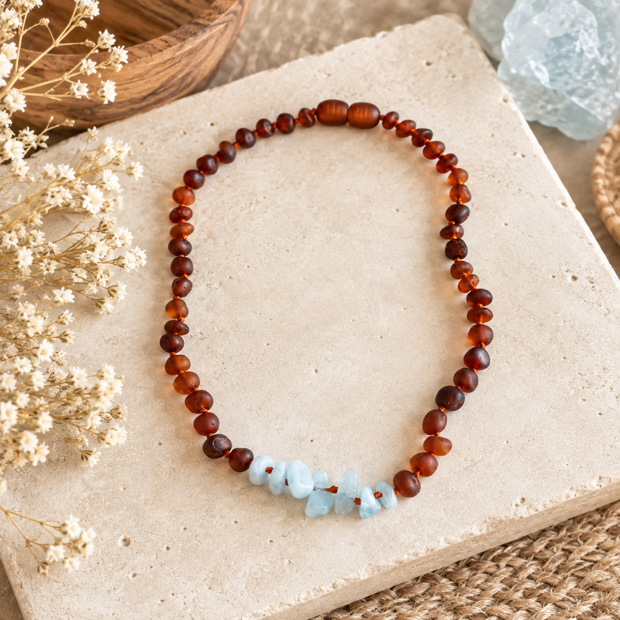 Raw Cognac Baltic Amber & Aquamarine Necklace