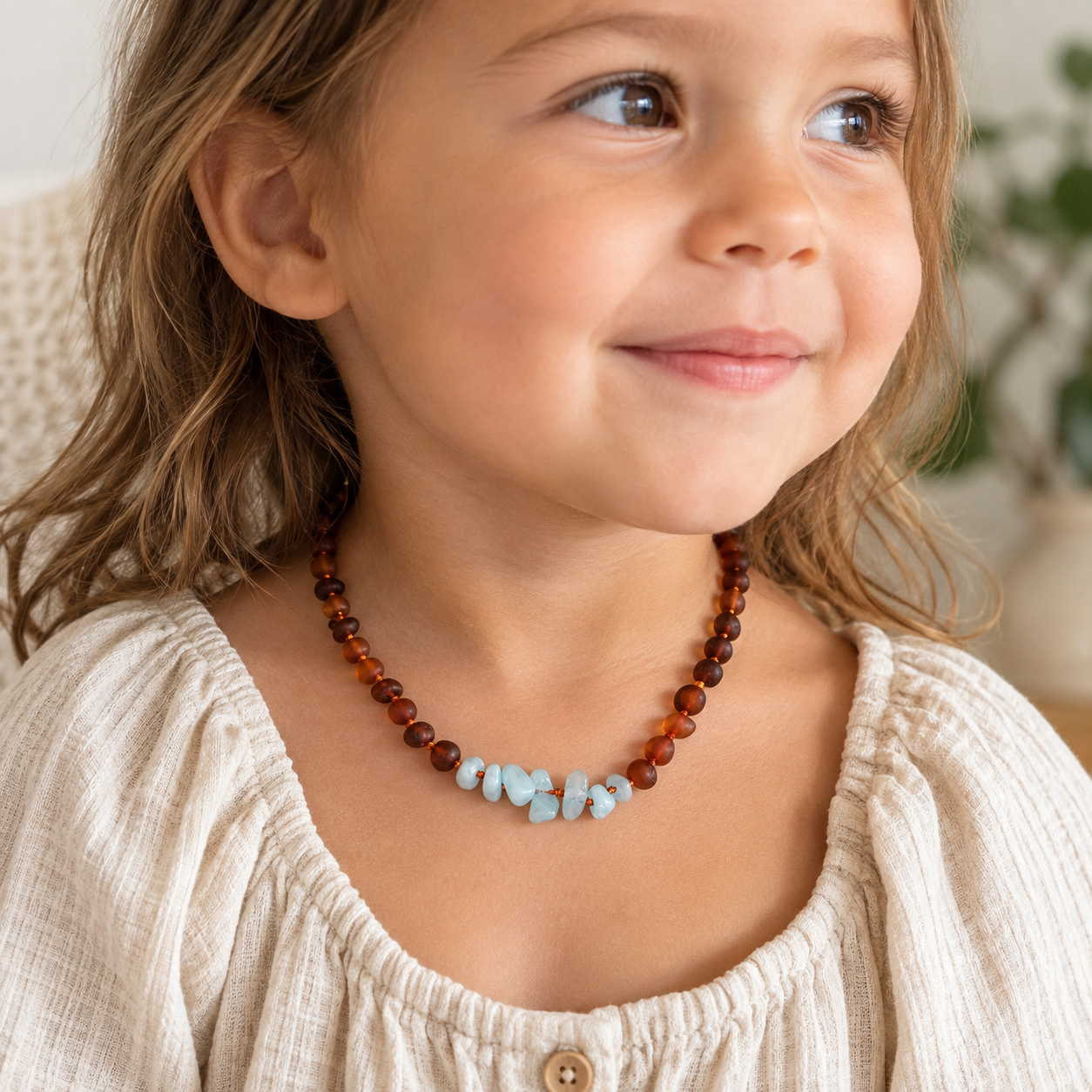 Raw Cognac Baltic Amber & Aquamarine Necklace