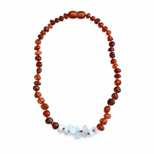 Raw Cognac Baltic Amber & Aquamarine Necklace