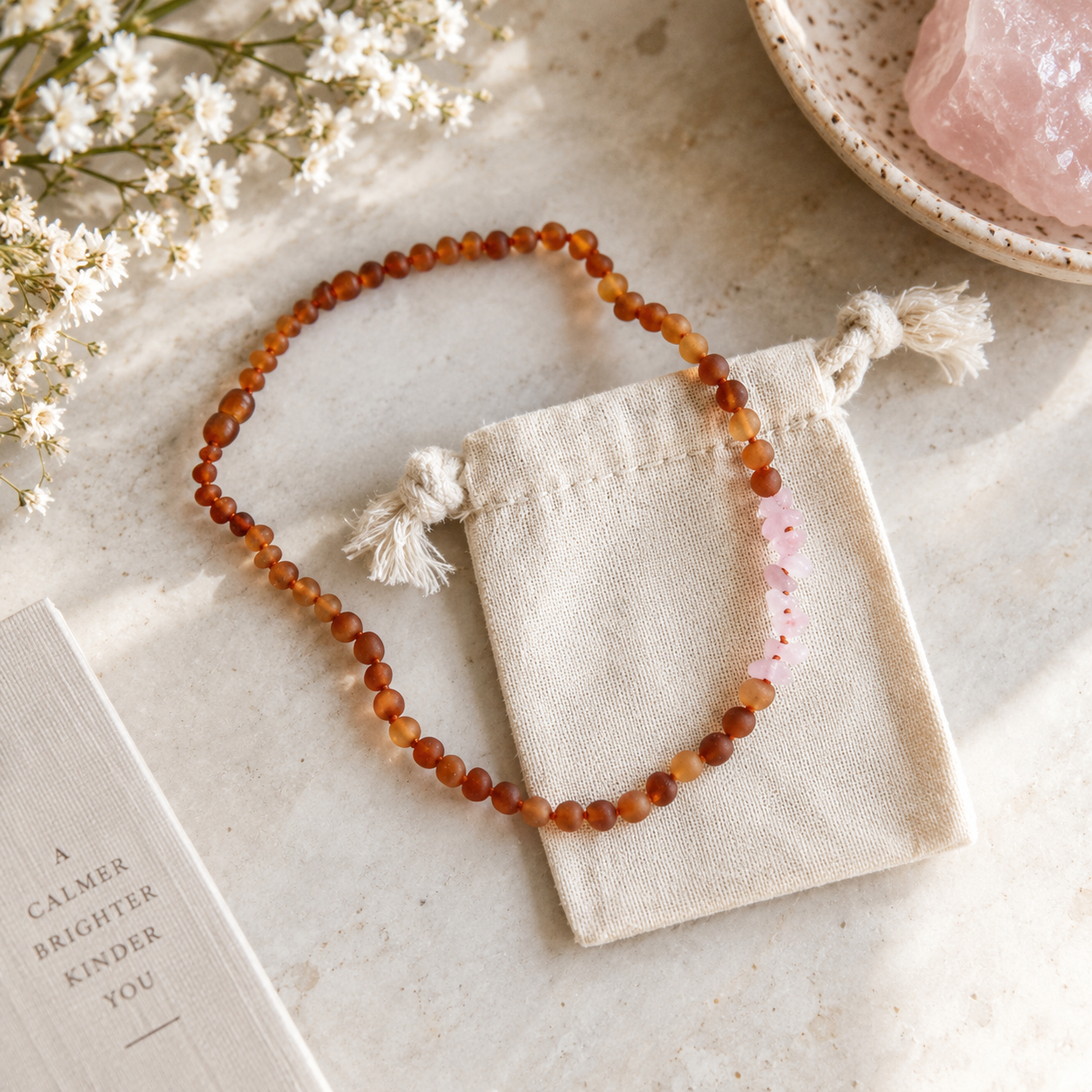 Raw Cognac Baltic Amber & Rose Quartz Necklace