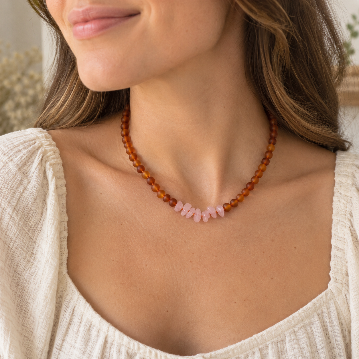 Raw Cognac Baltic Amber & Rose Quartz Necklace