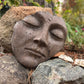 Stone face sculpture on a rocky surface with greenery in the background