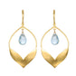 Gold earrings with teardrop-shaped blue gemstones on a white background