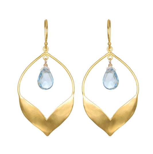 Gold earrings with teardrop-shaped blue gemstones on a white background