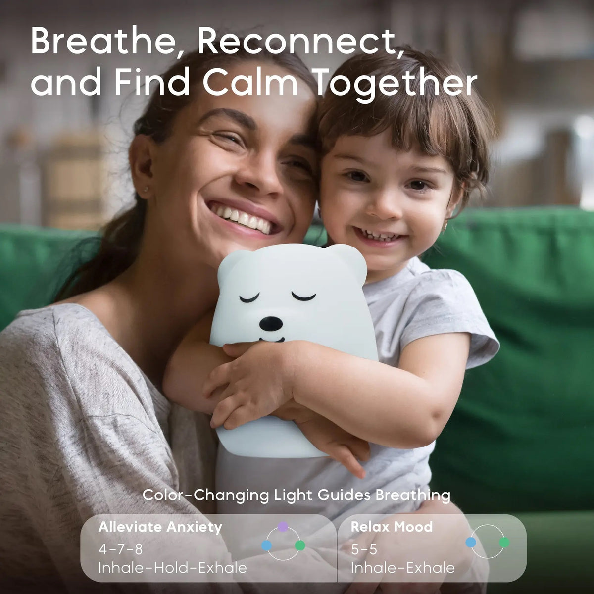 Woman and child holding a white bear-shaped device with text about breathing and relaxation.