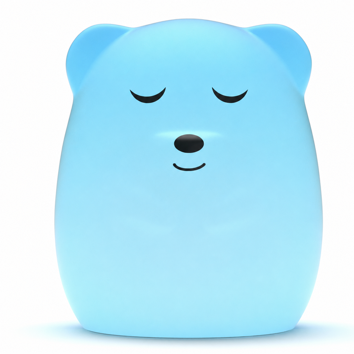 A light blue bear-shaped lamp or night light with a sleeping face, shown on a clean white background.