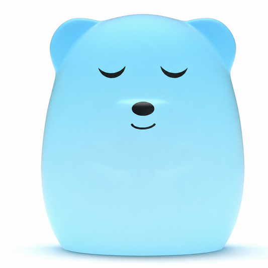A light blue bear-shaped lamp or night light with a sleeping face, shown on a clean white background.