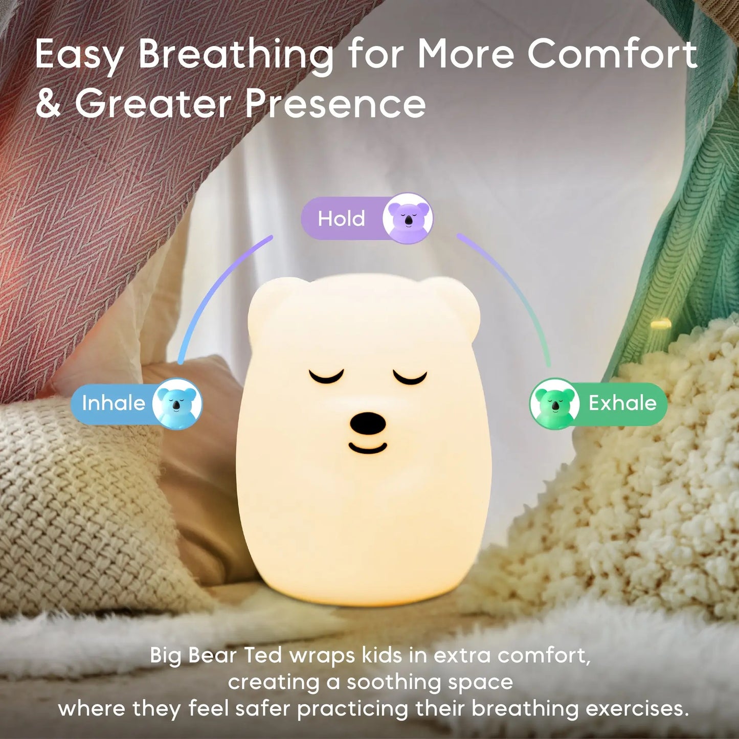 White bear-shaped night light with breathing instructions on a soft surface