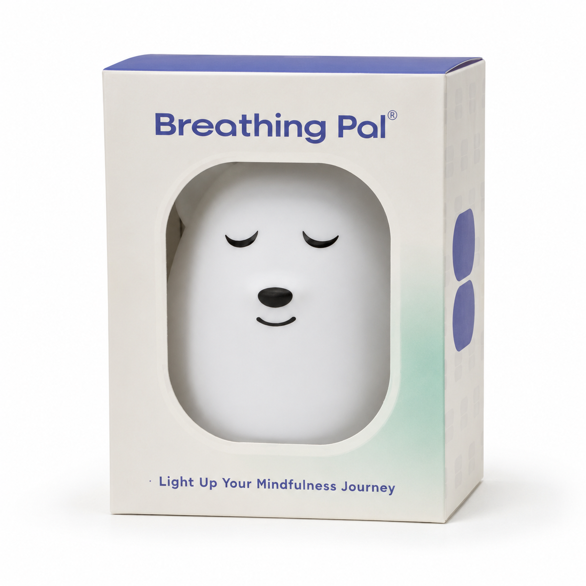 The Breathing Pal sleep and mindfulness device in its original retail packaging, featuring a white box with a purple top and a window showing the sleeping face of the device inside.