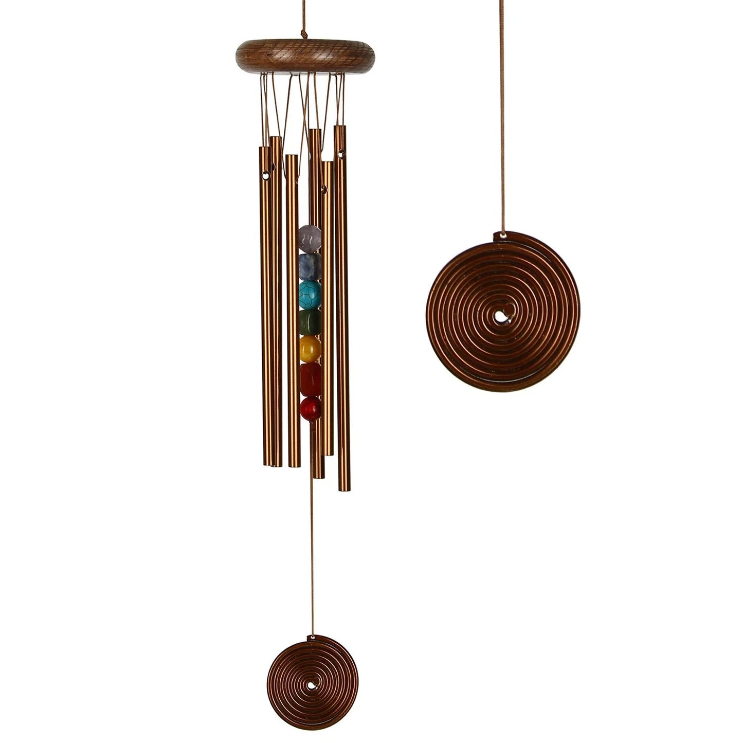 Chakra wind chime with wooden and metal components on a white background