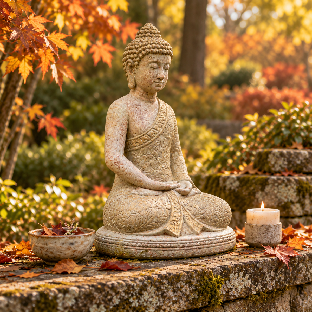 A stone Buddha statue in a meditative seated pose, placed outdoors on a mossy stone ledge with autumn foliage, a small bowl, and a lit candle in the background.