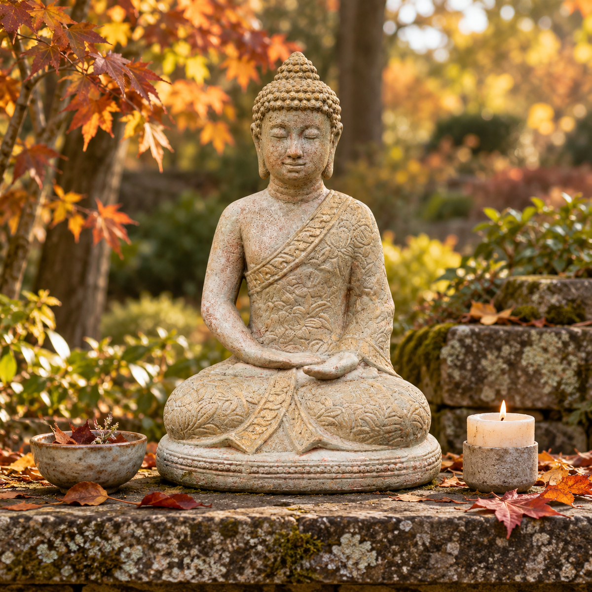 A seated Buddha garden statue in a meditative pose, made of textured stone with carved details, displayed outdoors on a stone ledge with autumn leaves, a small bowl, and a lit candle in a garden setting.