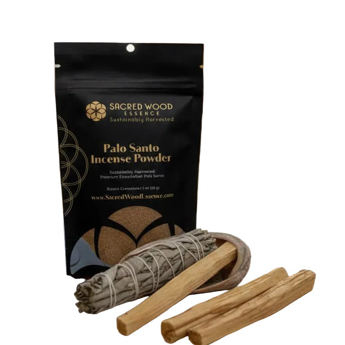 Sacred Wood Palo Santo Incense Powder packaging with incense sticks on a wooden surface.