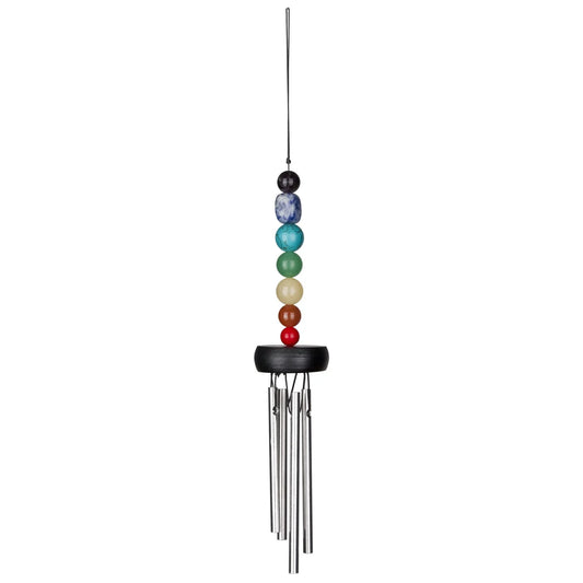 Colorful beaded wind chime on a white background