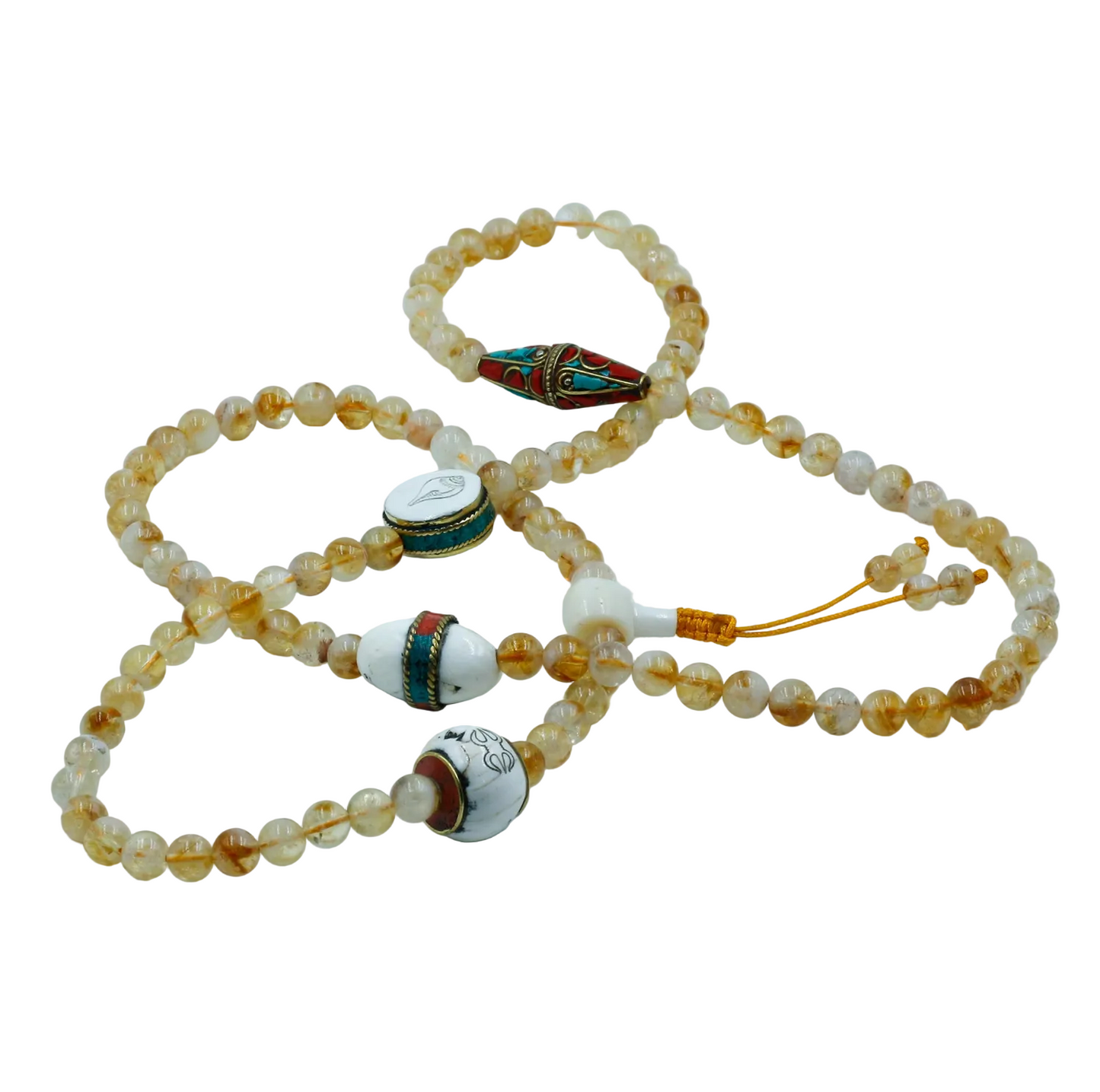 Citrine mala with decorative elements on a white background